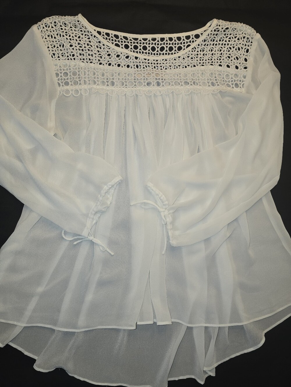 LOFT Crochet Peasant Blouse Sheer White 3/4 Tie Sleeve Hi-Low Hem Romantic M